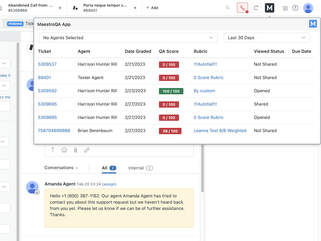 Maestro QA Quality Assurance Native App dashboard view — WEM app on the Zendesk Marketplace
